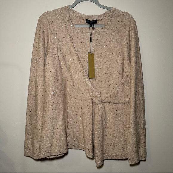 Donna Karan Beige Sequin Knit Side Knot Sweater Top Size XL - Picture 2 of 16